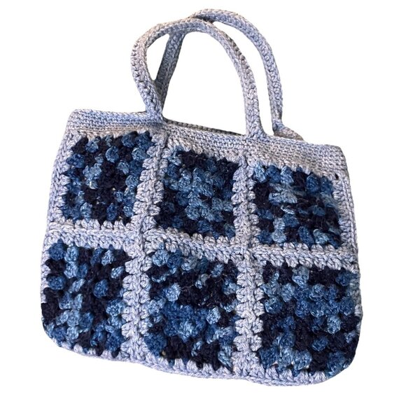 Vintage Handmade Granny Square Crochet Patchwork Tote Bag Cottagecore Cozy Boho - Picture 2 of 7